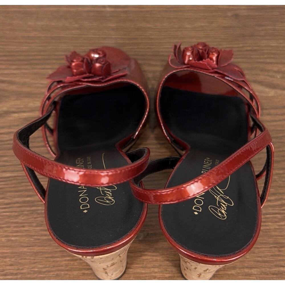 Donald J Pliner Womens 9.5 Red Leather Cork Wedge Slingback Flower Sandals - Picture 8 of 12